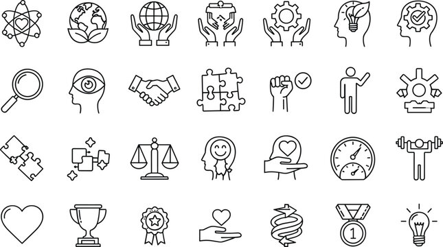 Personal development icon set illustration, motivation leadership mindset symbols, success growth psychology concepts, achievement values ideas, self improvement strategy, outline flat vector