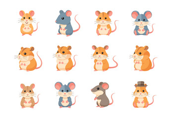 Fototapeta premium Cute cartoon mouse and hamster characters in various poses and colors, perfect for children's books, animations, and educational materials