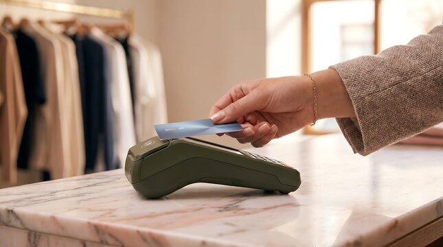 Woman making contactless payment with credit card on modern terminal at clothing store counter showing simple financial transaction process in retail environment for consumer shopping convenience