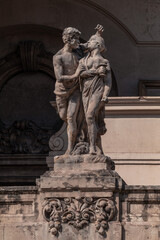 Fototapeta premium elements of architectural decorations of buildings, sculptures, mythological and religious characters, on the streets in Barcelona, public places.