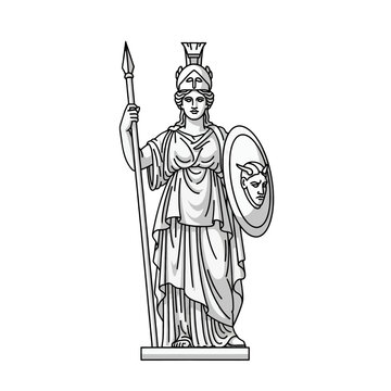 A detailed illustration of a female warrior statue holding a spear and shield