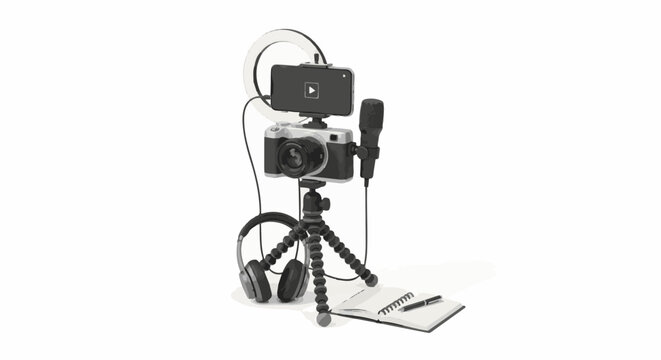 A vlogging setup with a camera, phone, microphone, ring light, headphones, and notepad