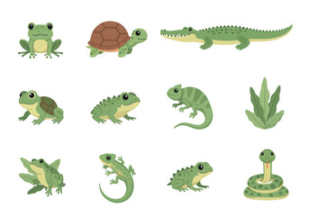 Fototapeta premium Cute cartoon reptiles and amphibians set with frog turtle crocodile lizard and snake illustrations, perfect for children's books and educational materials