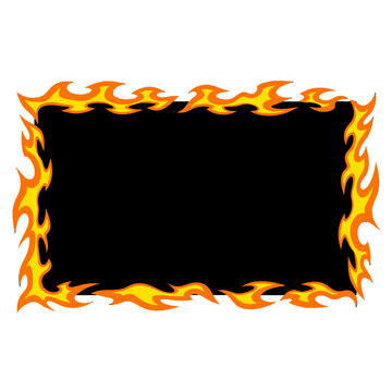 A rectangular frame decorated with stylized orange and yellow flames on a black background