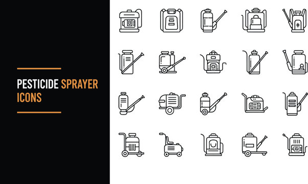 Pesticide sprayer icons set with backpack wheeled and hand pump sprayers, clean outline style agriculture pest control equipment symbols for farming vector design