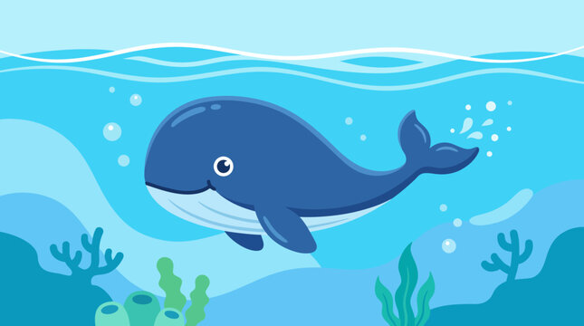 A cartoon blue whale swims underwater.