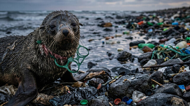 A close-up of a fur seal on a polluted beach, a green plastic yokes ring embedded deep into the fur around its neck