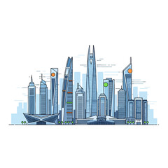 Obraz premium A modern cityscape illustration featuring tall skyscrapers and urban architecture