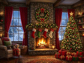 Fototapeta premium Cozy christmas living room with fireplace stockings and decorated tree winter holiday scene
