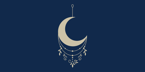 Bohemian style crescent moon ornament with filigree and beads on navy blue backdrop © Dumai777