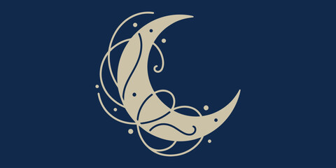 Minimalist celestial crescent moon illustration with elegant line art and swirls on navy © Dumai777