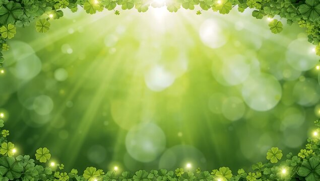 Fresh green clover border with sunbeams and bokeh background