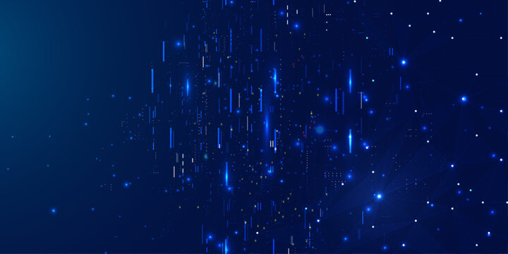 Abstract data visualization with glowing blue vertical lines and geometric network nodes in dark space.