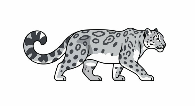 A stylized, gray snow leopard with dark spots walks forward