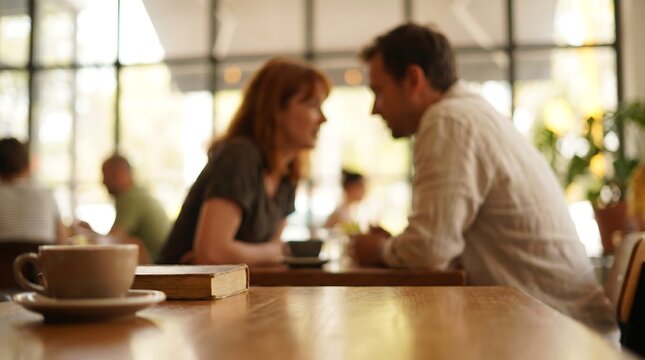 Couple sitting at wooden table in cafe with blurred background and coffee cups with book for intimate conversation and romantic date atmosphere in modern coffee shop interior