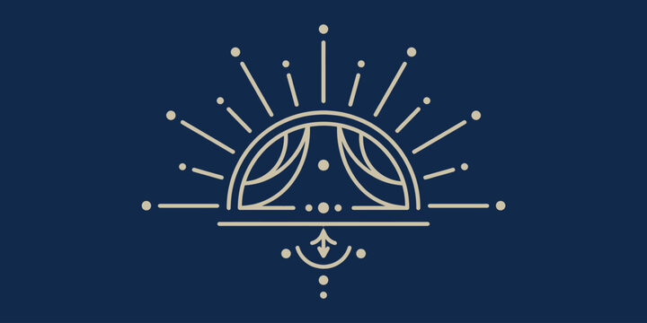 Minimalist line art theater stage icon with curtains and rising sun rays on blue background