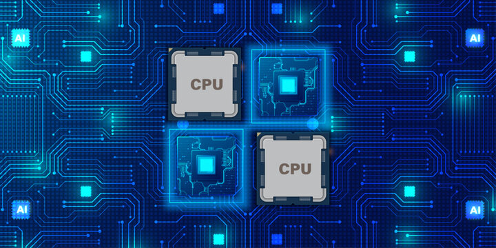 Cpu processor on circuit board with glowing light, ai text on microchip, and data stream on background.