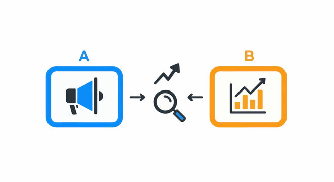 A/B testing process graphic with megaphone, magnifying glass, and bar chart