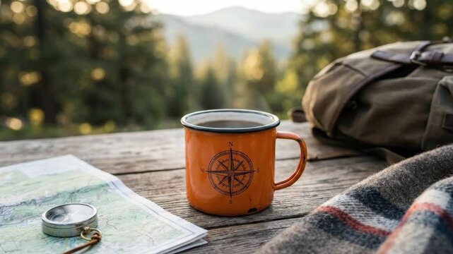 Orange enamel traveler mug with compass rose on a wooden outdoor table, tea or coffee time in nature, tourism, hiking and adventure symbol, cozy journey lifestyle concept with soft background bokeh,