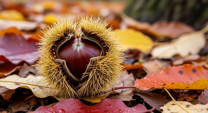 Glossy Brown Chestnut Resting in Spiky Husk on Colorful Autumn Leaves