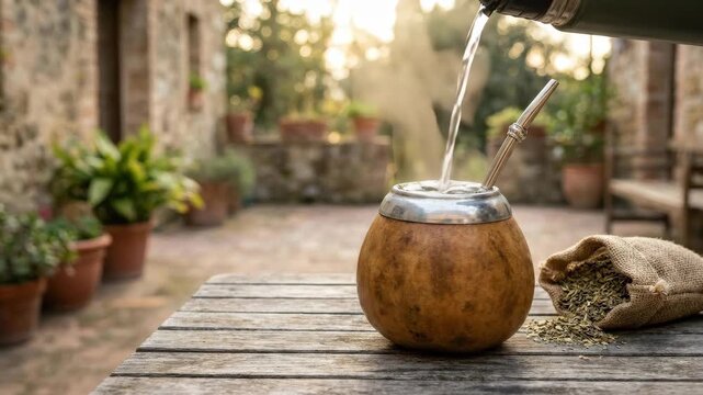 Calabash with mate tea and metallic bombilla on a wooden table outdoors, healthy infused drink concept, classic yerba mate from Latin America with rustic natural styling, wellness and travel