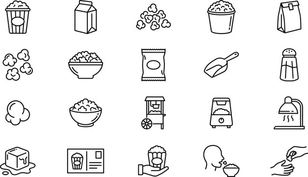 Popcorn line icon set with buckets, bowls, kernels, machines, carts, scoops, and snack packaging symbols