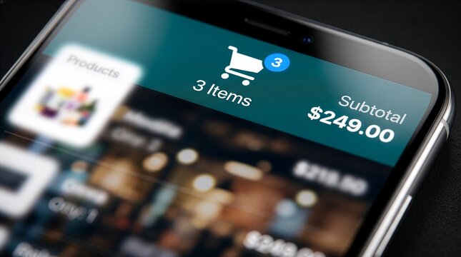 Modern smartphone screen displaying a digital shopping cart interface with items and subtotal, symbolizing the seamless convenience of online retail and mobile e-commerce transactions