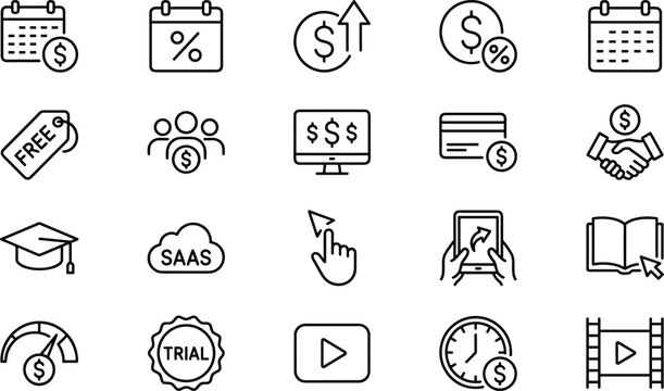 Pricing and subscription line icon set with payment, discount, SaaS, trial, calendar, video, and digital purchase symbols