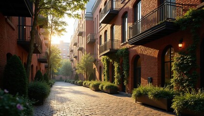 Naklejka premium Cobblestone path leads between old brick apartment buildings with balconies. Green plants and trees line the walkway. Sun shines brightly on the urban street.