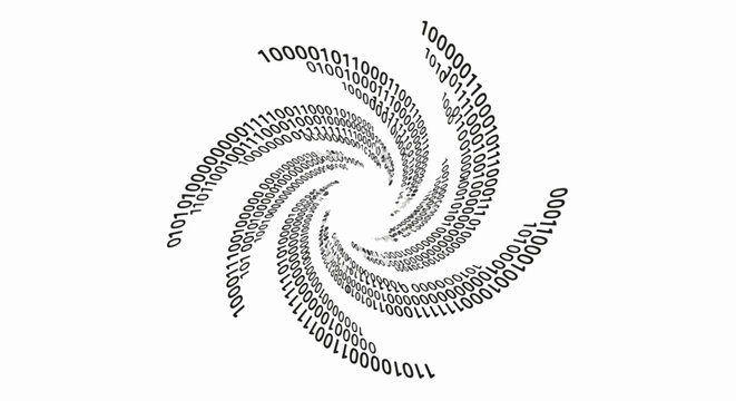A swirling vortex of binary code creates a dynamic digital pattern