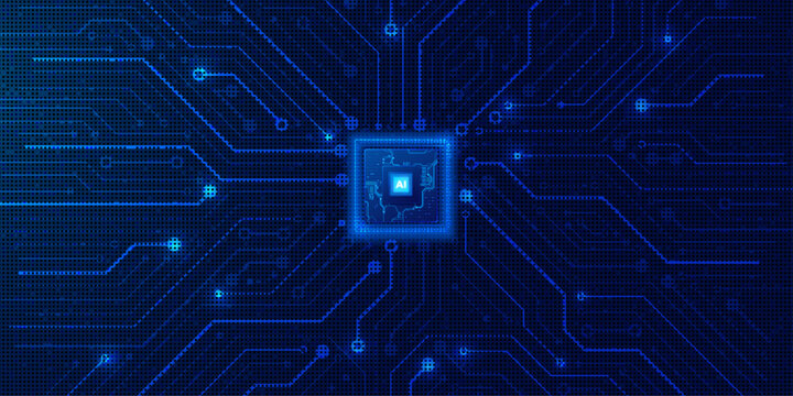 Abstract AI chip on a dark blue digital circuit board background.