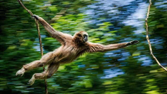 A highly detailed digital photograph of a gibbon monkey swinging on a forest vine. This high resolution image has sharp focus and is perfect for wildlife articles and nature blogs.