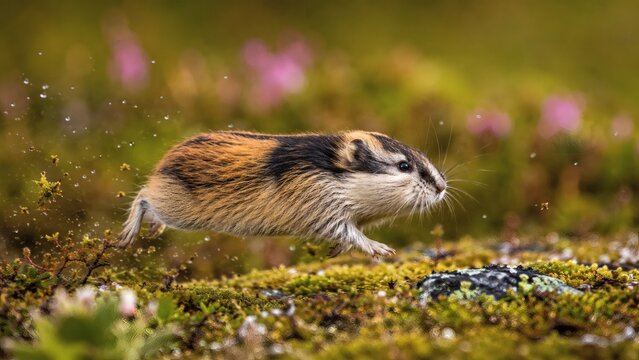 A highly detailed digital photograph of a tiny lemming running across mossy ground. This high resolution image has sharp focus and is perfect for wildlife articles and nature blogs.