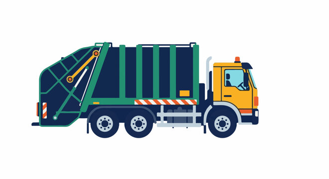 A utilitarian garbage truck with a yellow cab and dark blue compactor