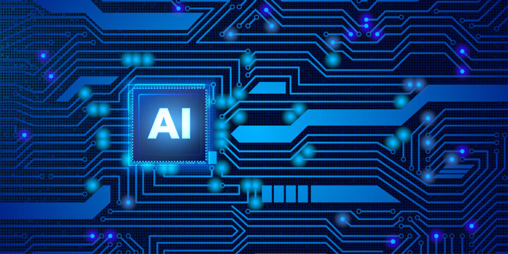 Digital artificial intelligence central processing unit on blue electronic circuit board background.