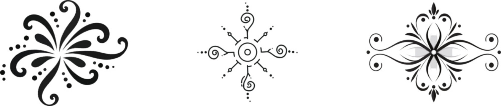 A minimalist Memphis style abstract doodle vignette features a central rosette with symmetrical geometric lines and dots scrolls against a stark white background