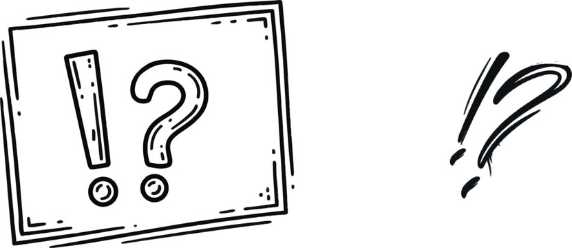 A minimalist modern silhouette with a solid black color fill, high-contrast vector design element featuring an exclamation point and question mark within a border frame on a white background