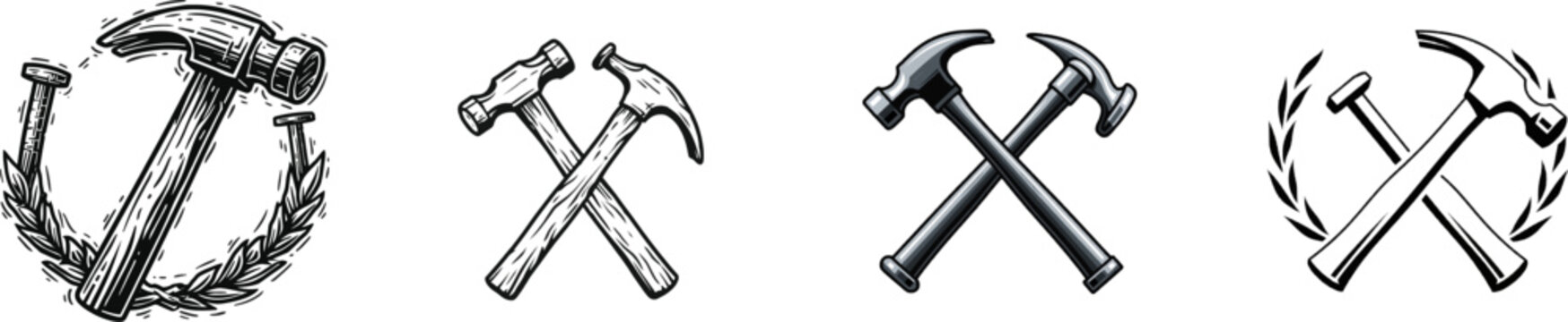 A bold graphic silhouette of a hammer and nails encircled by laurel leaves on a pure white background, rendered in vector sticker style with high contrast and clean sharp contours