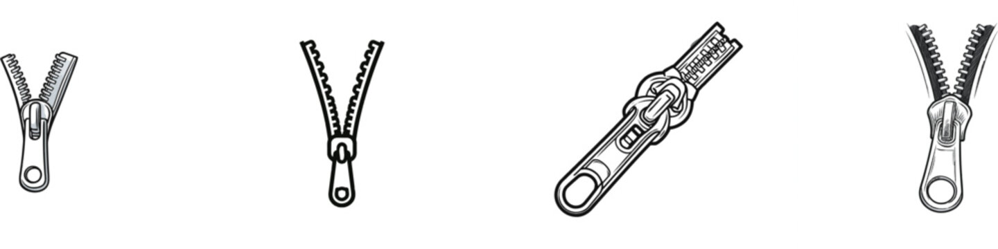 A hand-drawn doodle of an open metal zipper with a pull tab corner vignette in tailoring sketch style features sharp black ink lines on a pure isolated white background