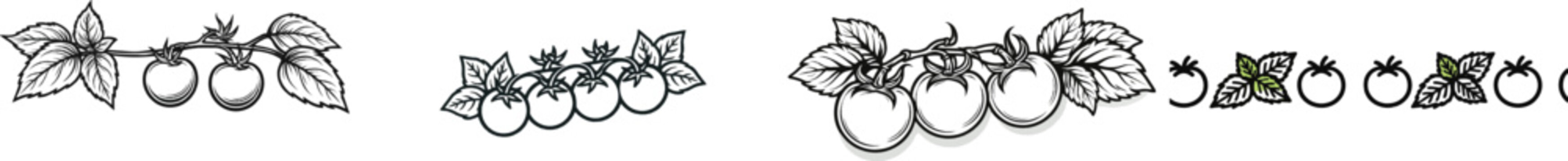 A minimalist black ink cherry tomato and basil leaf doodle border design with crisp edges and high contrast, perfect for clean vector tracing in Italian food trim elements