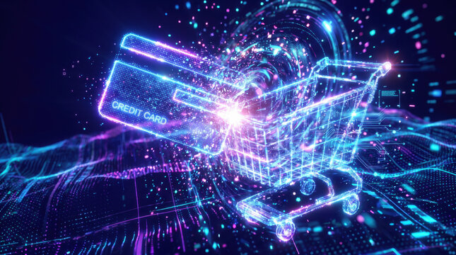 Holographic wireframe shopping cart and glowing credit card float inside abstract digital fintech retail network space. Promotional ecommerce marketing for discount. Special sale promotion copy-space.