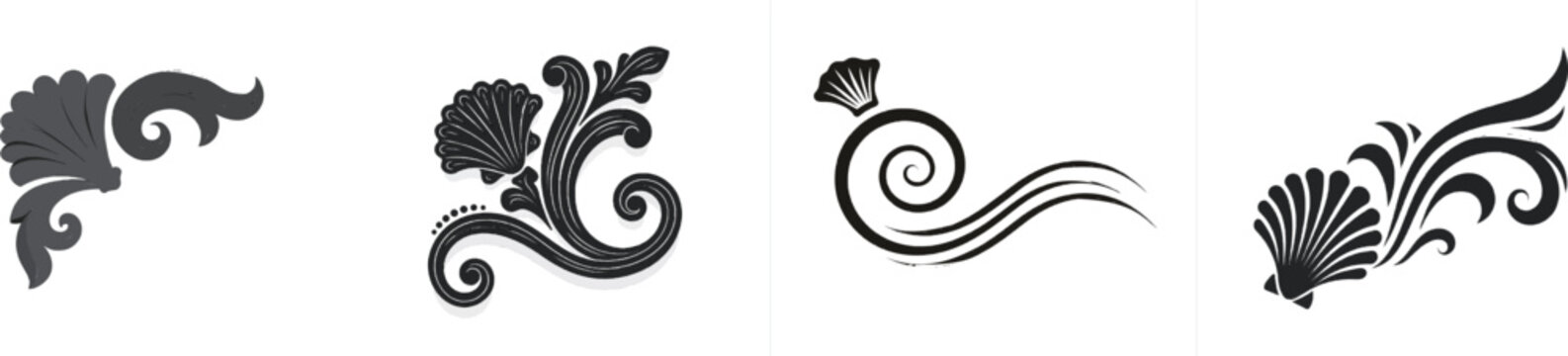 A whimsical doodle frame corner features a flowing beach seashell and ocean wave ripple symmetry in solid black on a clean white background, perfect for automatic vector tracing
