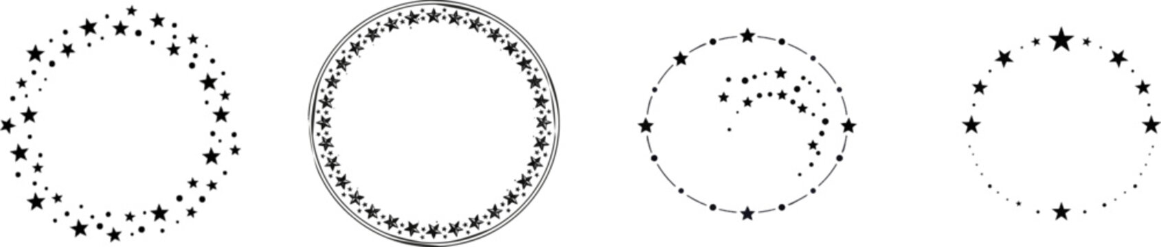 A symmetrical doodle constellation star map wreath detail features elegant astronomy motifs in a bold graphic silhouette on a pure isolated white background optimized for vector trace