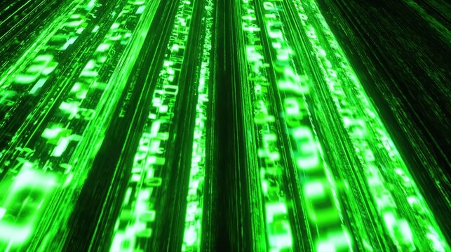 Vivid neon green matrix code streams cascade vertically with intense digital motion. This immersive scene evokes a bold futuristic data flow in a high-tech cyber environment.