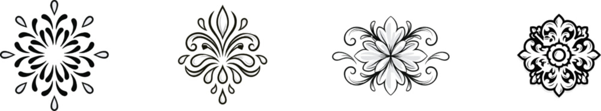 A minimalist sketch of a symmetrical rosette with a central watering can and droplet scrolls, set against a stark white background, exudes high contrast vector artistry