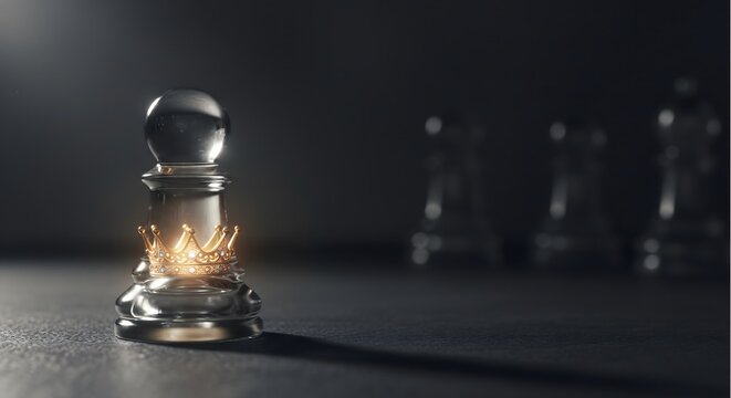 Glass chess pawn wearing a glowing golden crown against a dark background. Powerful business concept for hidden potential, leadership, strategy, ambition, and rising to success.