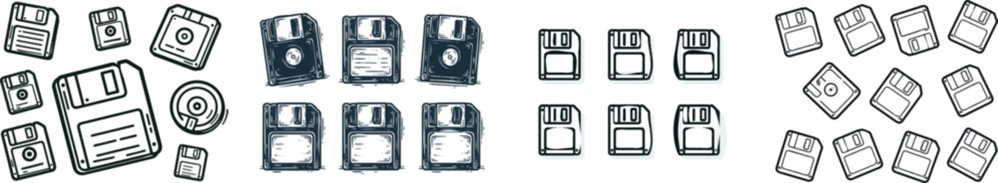 A vintage tech linear decorative graphic featuring a floating floppy disk doodle border with high-contrast design elements against a solid black ink fill background