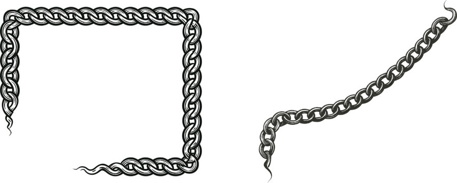 A whimsical hand-drawn doodle features a solid black ink chain link loop corner vignette with scrolling ornamental industrial flourish on a pure white background