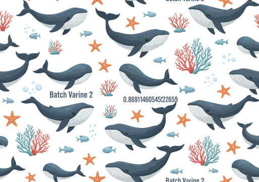 Seamless pattern of cartoon whales, starfish, coral and fish on white background, marine life illustration for kids and design