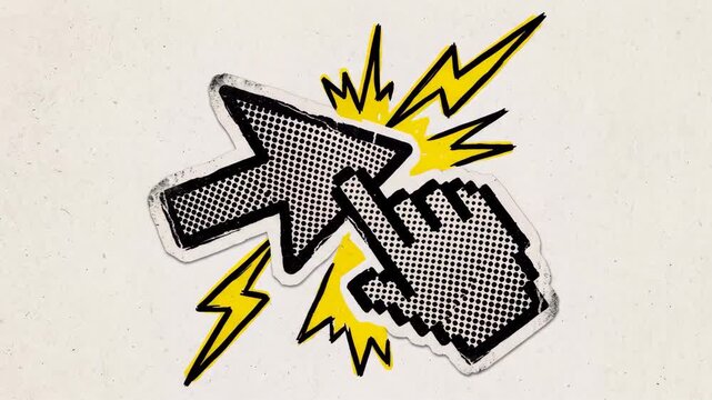 Pop Art Halftone Distressed Cursor Click Sticker Illustration, Worn Retro Comic Mouse Pointer Icon, Vintage Torn Paper Collage Element, 90s Magazine Style Graphic, Video